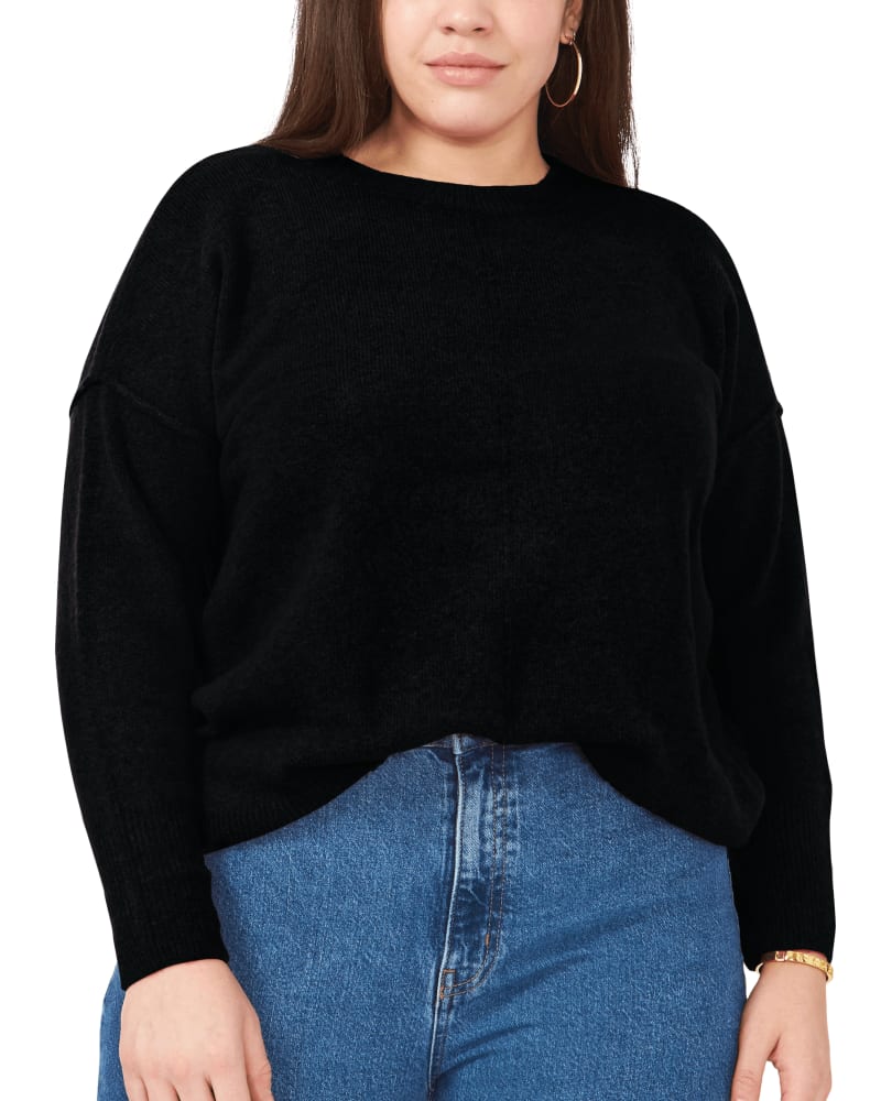 Front of a model wearing a size 1X Carrie Cozy Sweater in RICH BLACK by Vince Camuto. | dia_product_style_image_id:261051